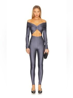 The Andamane Kendall Off Shoulder Jumpsuit Graphite Grey XS Shiny Cutout